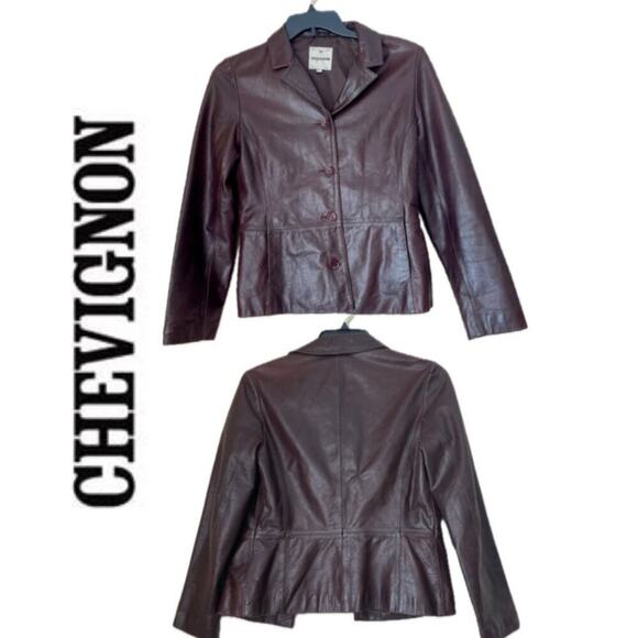 Y2K 90’s CHEVIGNON TRUCKER JACKET BLAZER COW GRAIN LEATHER MAROON SZ L VERSATILE - Picture 2 of 16